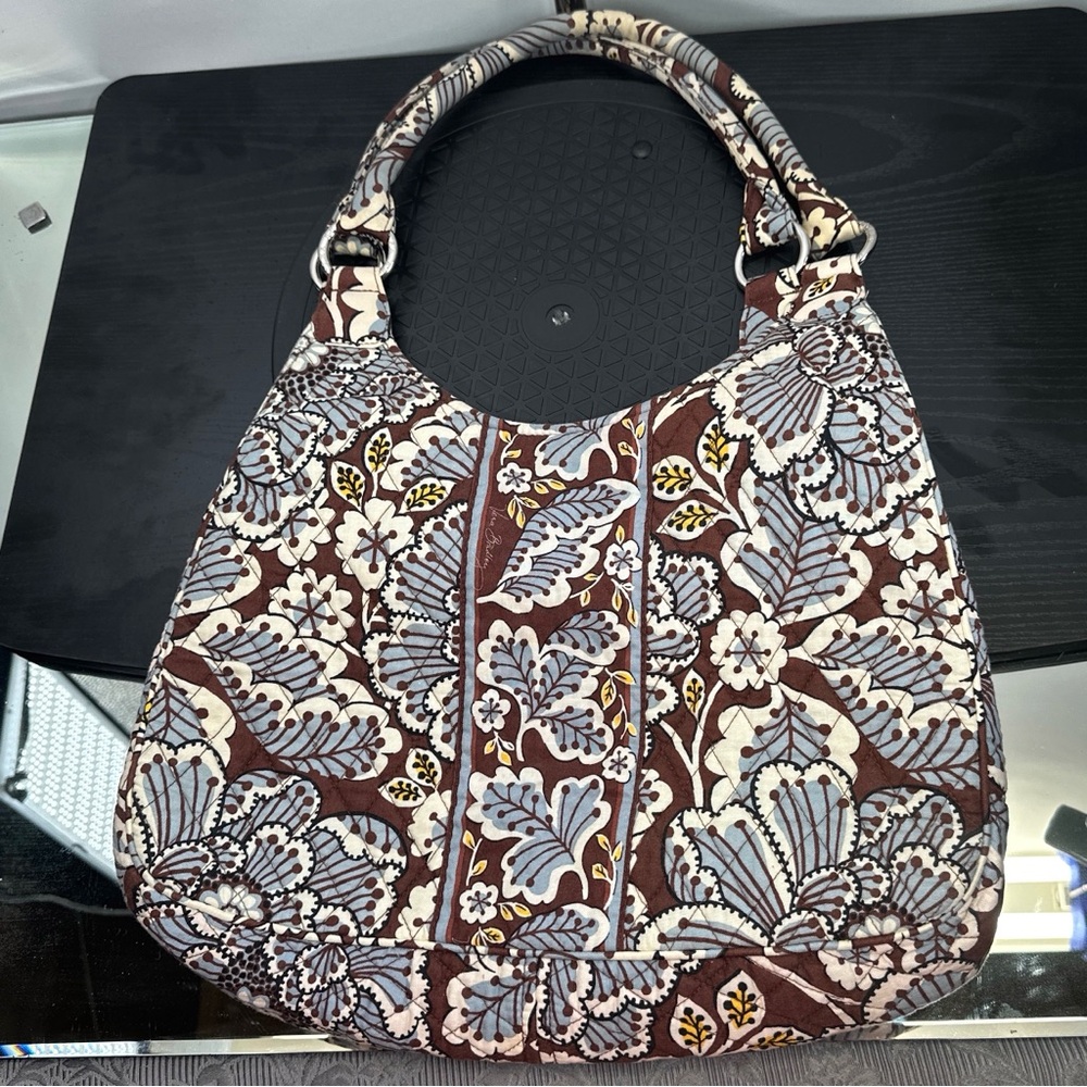 Vera Bradley Slate Blooms Large Hobo Shoulder Bag Brown White Blue Yellow Purse - Picture 10 of 13